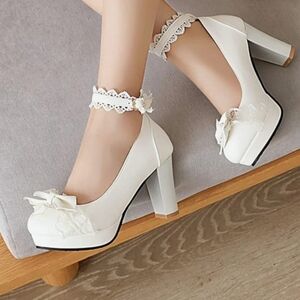 Jingpin Womens White Platform Chunky Block Heel Ankle Strap Sweet Bow Size  41